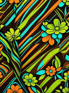 Colorful retro pattern with green and orange flowers on bold diagonal stripes in cyan, lime, and brown