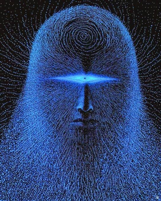 Surreal blue glowing face with a third eye and swirling cosmic energy patterns
