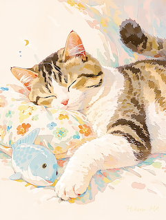 Watercolor of sleeping tabby cat holding blue fish toy on floral pillow
