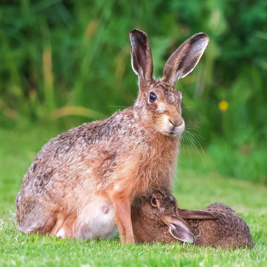 Brown mother hare sitting on grass with a small leveret suckling underneath her