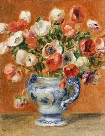 Impressionist painting of red, white, and pink anemones in a blue and white ceramic vase