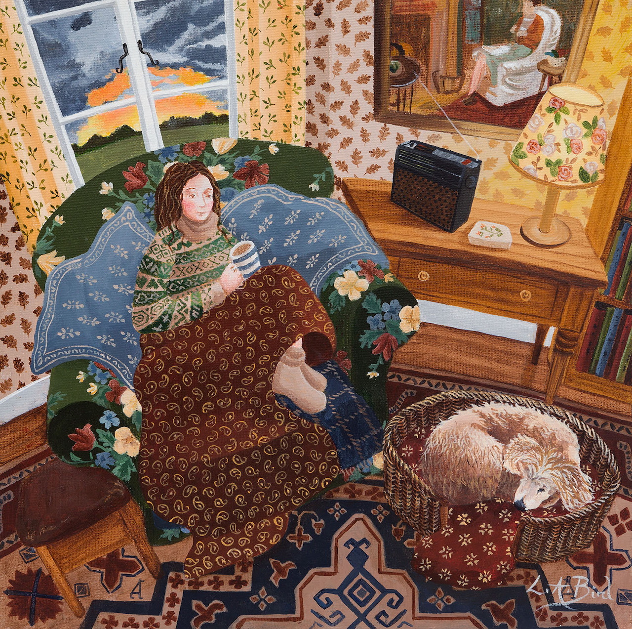 Woman lying on blue patterned quilt in cozy bedroom with cat, plants, and vintage furniture