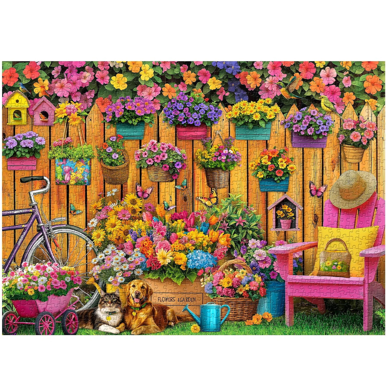 Colorful garden illustration with wooden fence, hanging flower baskets, birdhouses, bicycle and pink chair