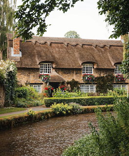 Charming thatched cottage with white windows surrounded by lush gardens and topiary hedges