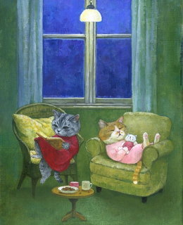Painting of two cats sitting in green armchairs by a window at night