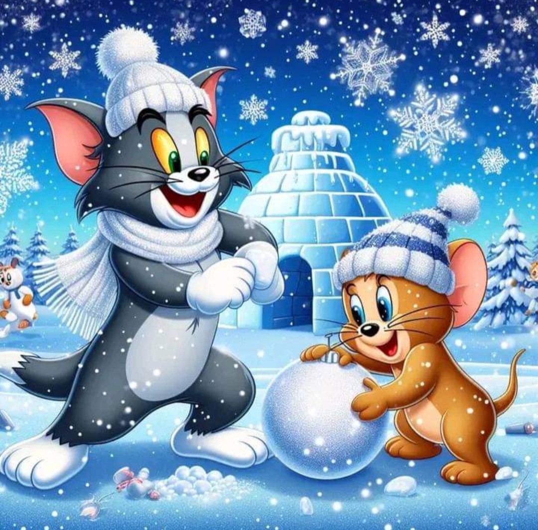 Tom and Jerry in winter clothes rolling a snowball in a snowy scene with an igloo and snowflakes