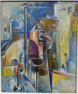 Cubist industrial painting with geometric buildings, smokestacks, and machinery in blue, yellow, and brown tones