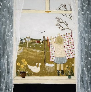 Illustration of a girl at a window overlooking a countryside field with sheep, a duck, and flowers