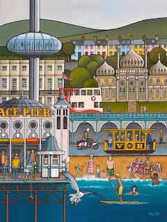 Illustration of Brighton Pier, the Royal Pavilion, and people on a seaside beach
