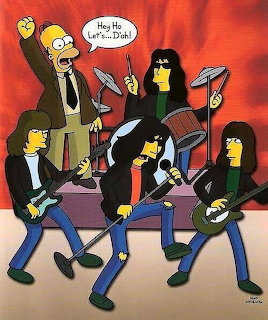 Cartoon characters styled as Ramones band members in leather jackets performing on stage with red background