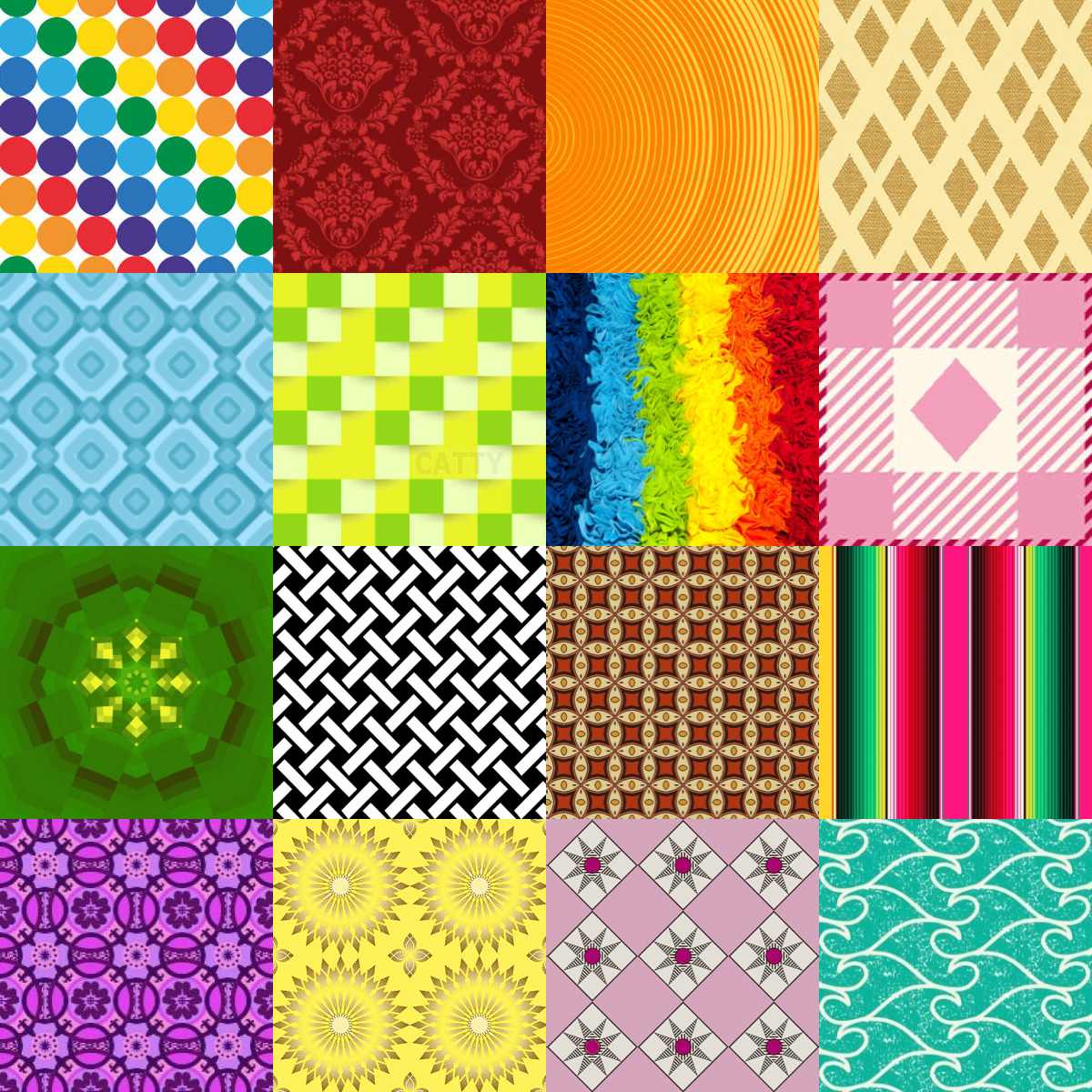 Grid of 20 colorful fabric pattern squares arranged in patchwork quilt style