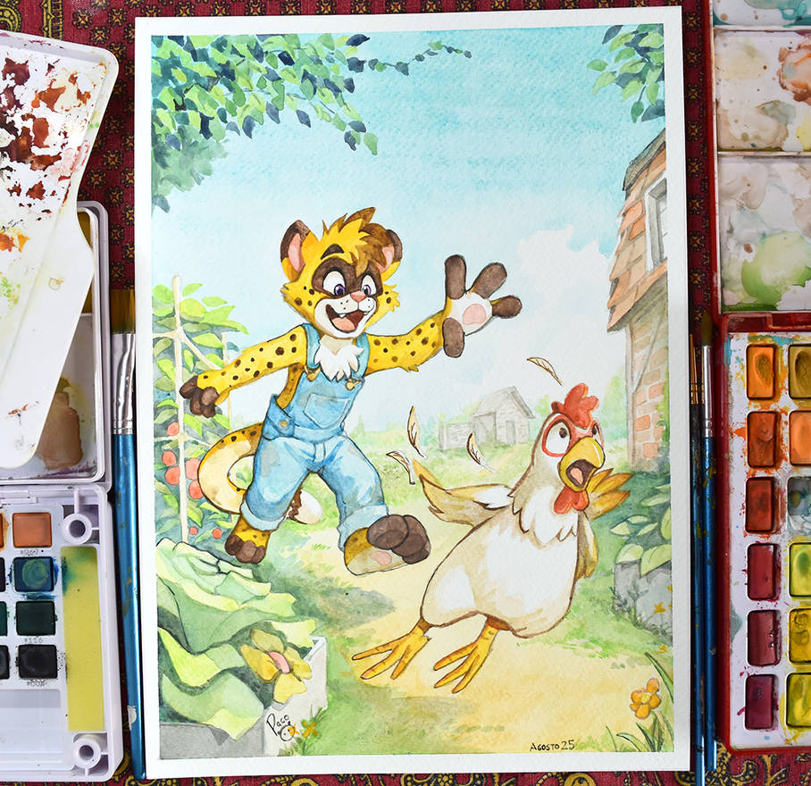 Cartoon cheetah cub in overalls chasing a white chicken in a farmyard garden, watercolor painting