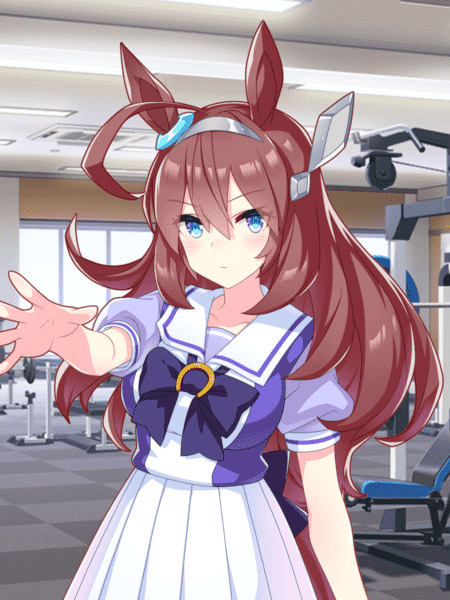 Anime girl with brown horse ears and long hair in a white sailor uniform, reaching out her hand in a gym setting.