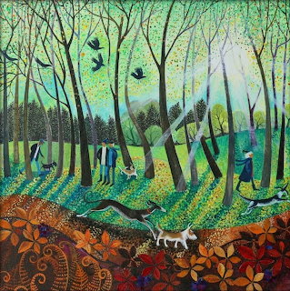 Colorful forest painting with tall trees, small figures, birds, and foxes on patterned ground