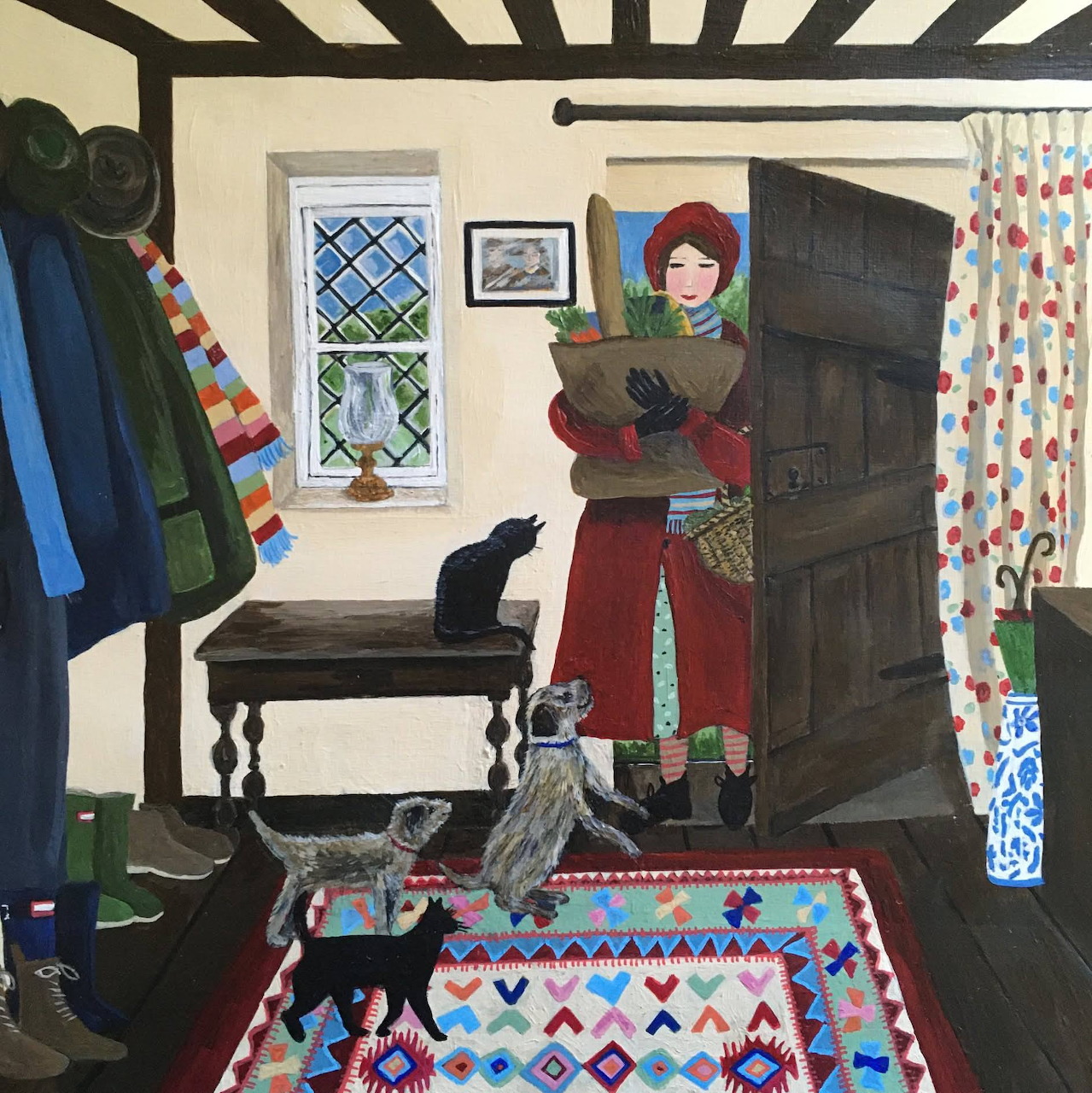 Illustration of a woman in a hallway with packages, three cats, a colorful rug, and coats by the door