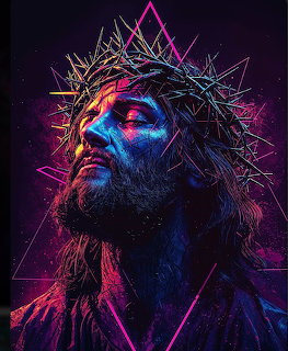 Neon glowing portrait of Jesus Christ with crown of thorns and geometric triangle shapes in the background