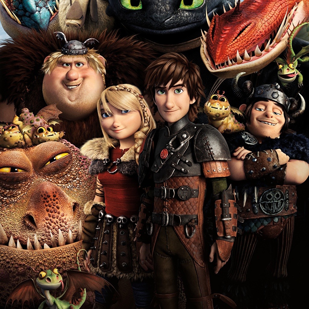 Animated Vikings and dragons posing together in a group portrait