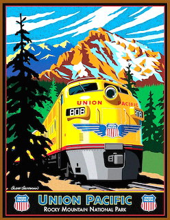 Vintage Union Pacific railroad poster showing yellow train in mountain landscape with dramatic striped blue sky