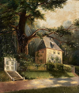 Painting of Goethe's garden house in Weimar with trees and fence