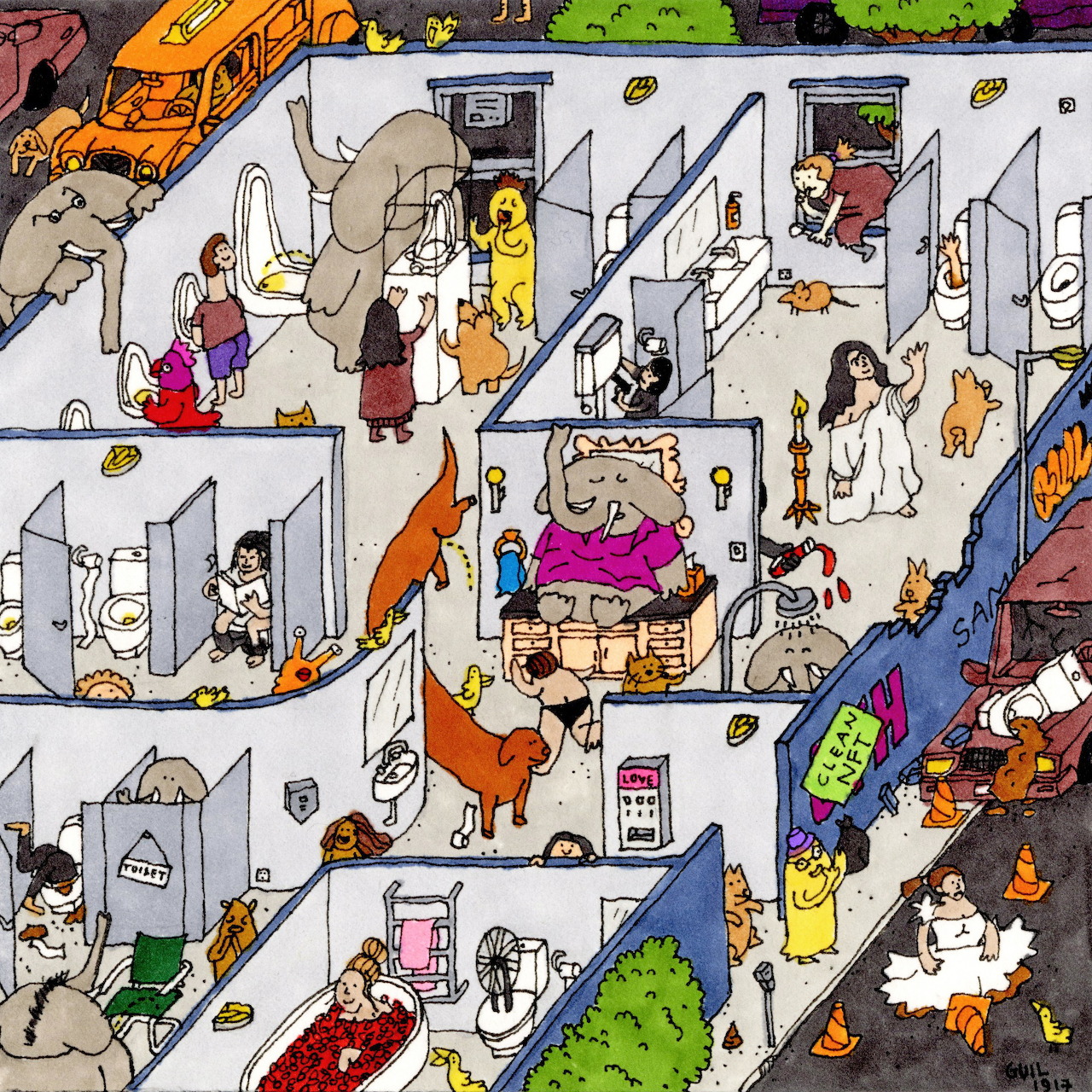 Cross-section illustration of apartment building with multiple floors showing residents in different rooms and activities