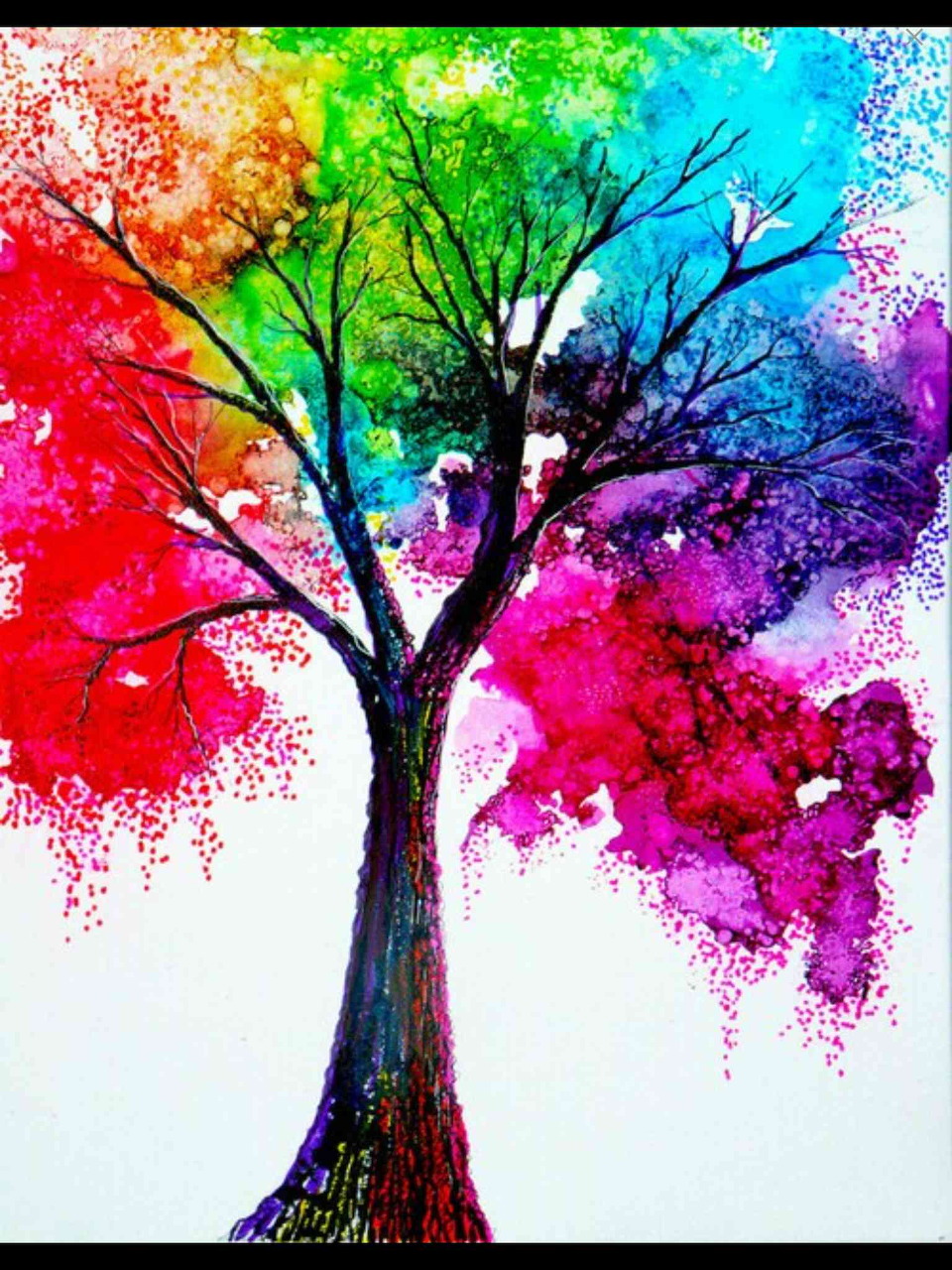 Watercolor tree with rainbow spectrum foliage spreading in vibrant splashes of color
