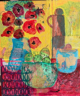 Mixed media collage of red flowers in blue vase with patterned vessels on bright yellow and pink background