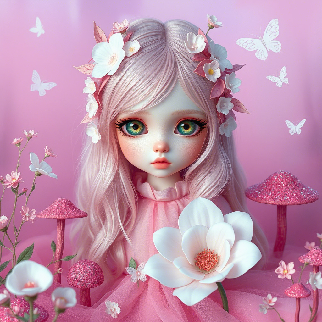 Whimsical pink-haired girl illustration with flowers, butterflies, and mushrooms