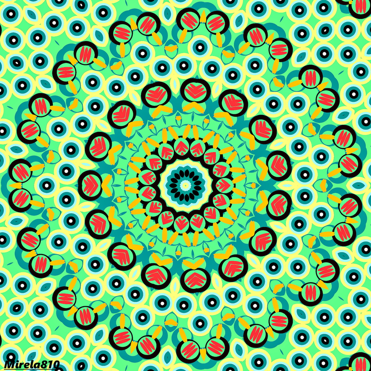 Colorful symmetrical mandala with concentric circles in turquoise, yellow, orange and blue on green background