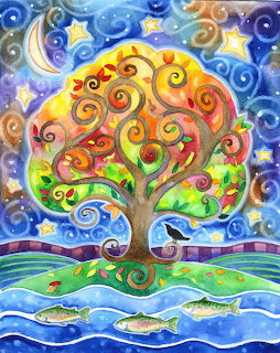 Colorful whimsical watercolor painting of a swirling tree with autumn leaves, stars, moon, and fish
