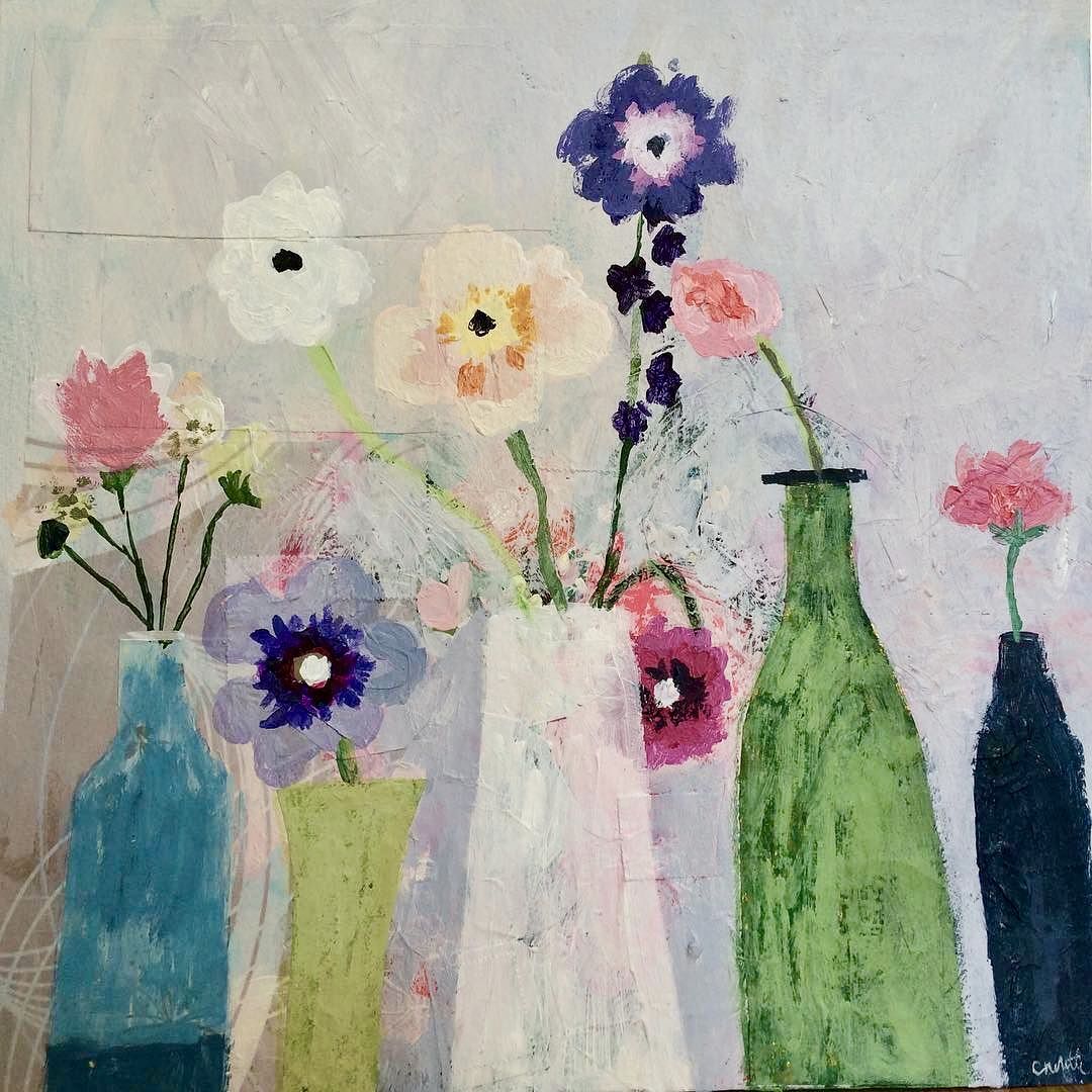Impressionist style painting showing flowers in colored glass bottles