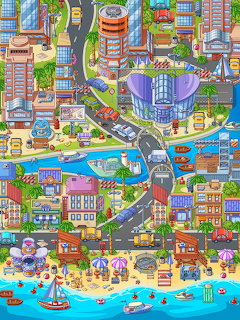 Colorful cartoon map of a city with harbor, beach, buildings, roads, and small people