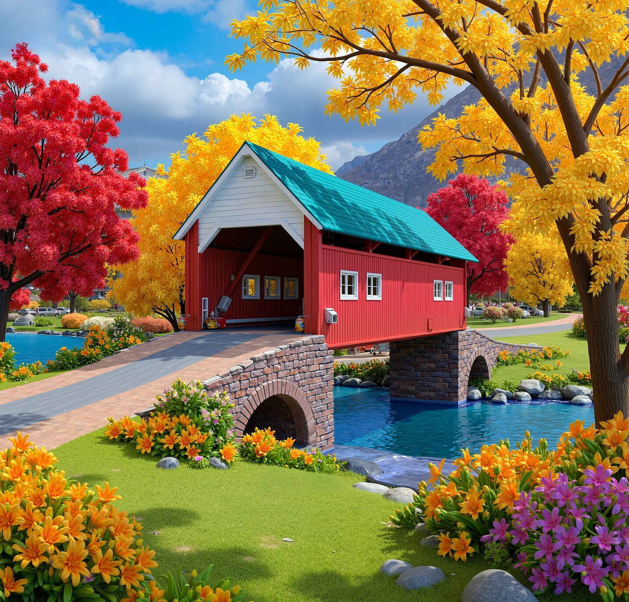 Red covered bridge over a stream with colorful autumn trees and flower gardens in a village scene