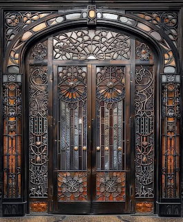 Ornate art deco double door with intricate iron scrollwork and geometric glass panels