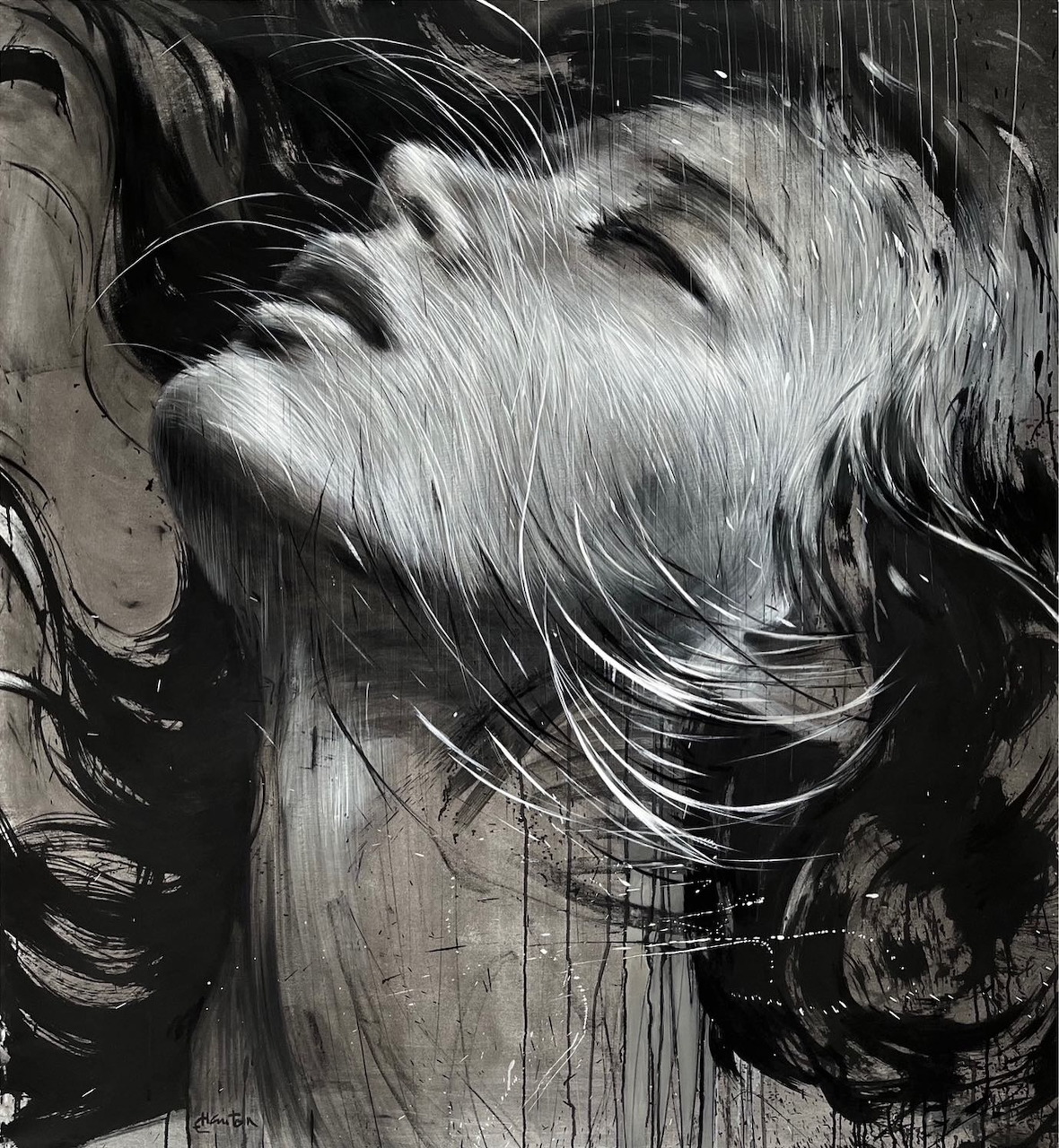 Dramatic black and white painted portrait of a woman with windswept flowing white hair against dark background