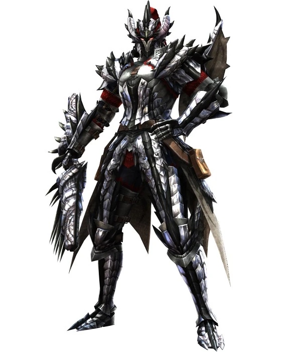 Armored warrior Yoshiteru in spiky black Monster Hunter armor wielding dual blades, Sengoku Basara 4