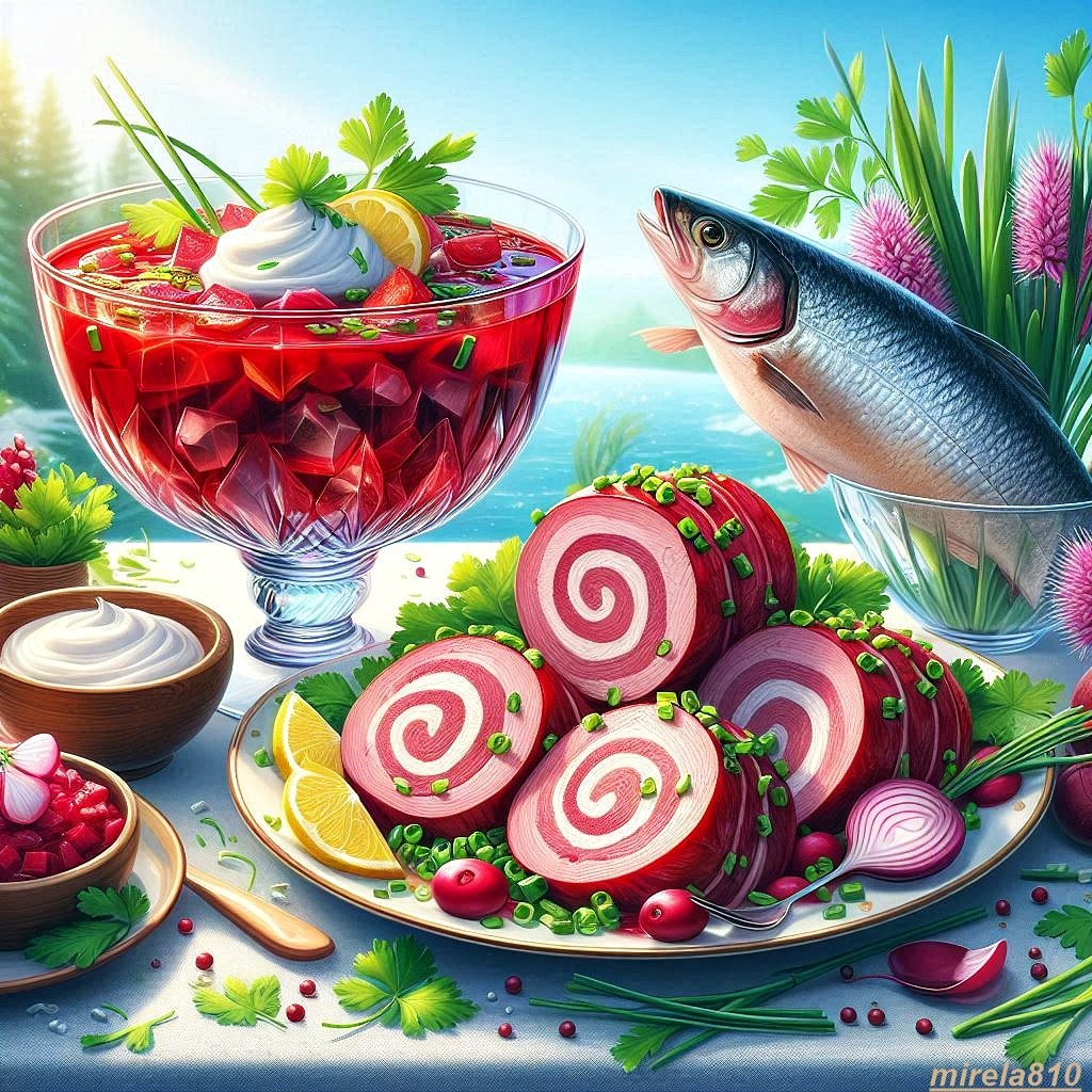 Colorful illustrated food platter with rolled appetizers, fresh fish, berry dessert, and tropical garnishes