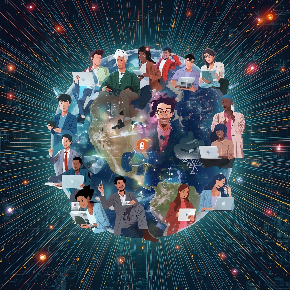 People with laptops arranged in circle around illuminated Earth with radiating light beams on dark background
