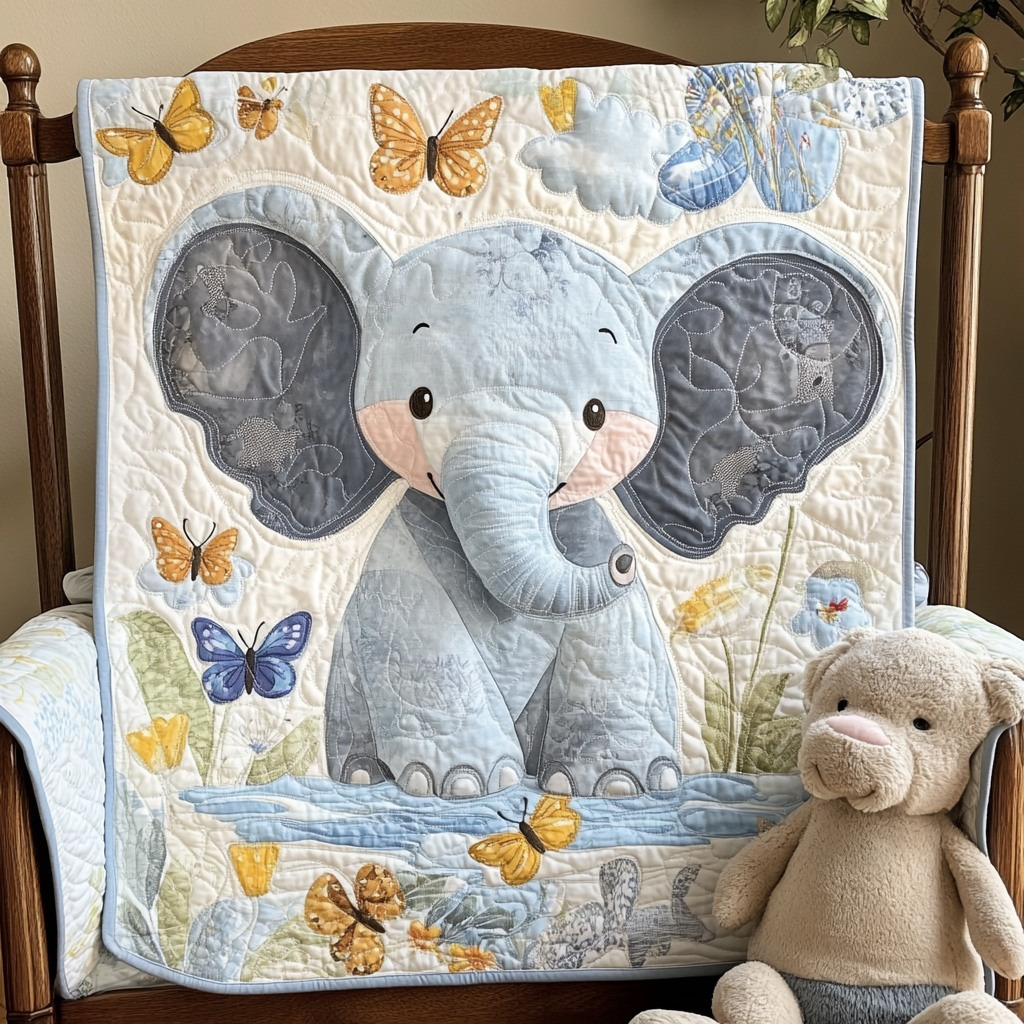 Blue elephant patchwork quilt with butterflies on a wooden bed beside a beige teddy bear