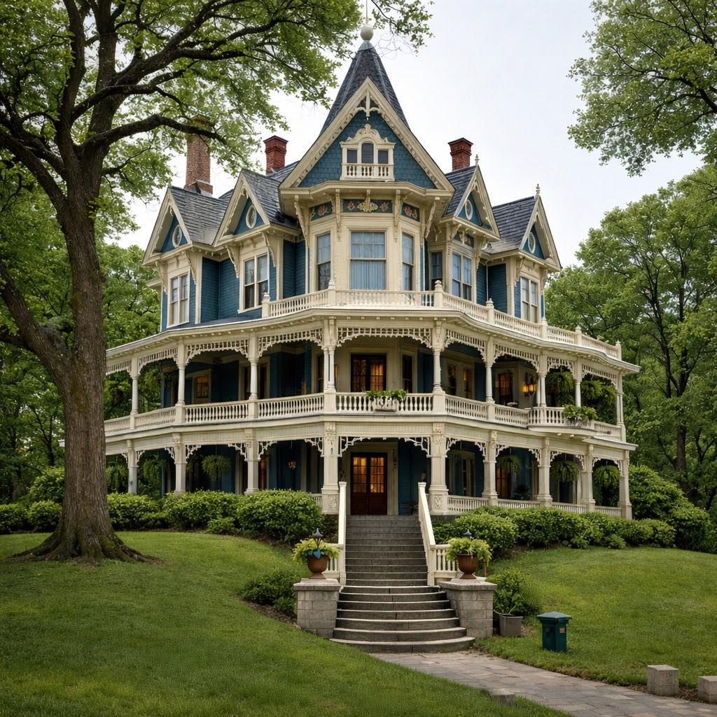 Large Victorian mansion with wraparound porches, steep roof, and trees on a green lawn