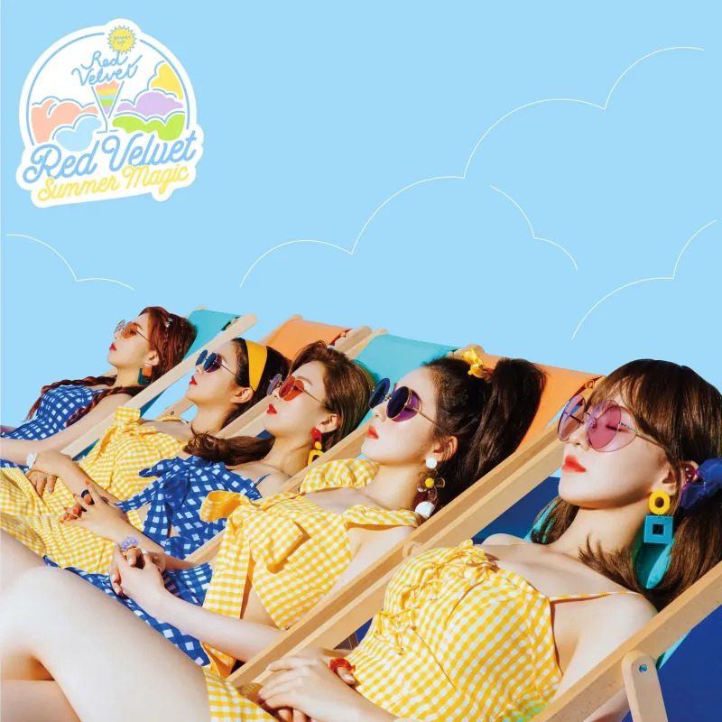 Five women in yellow gingham tops reclining against blue sky, retro summer aesthetic