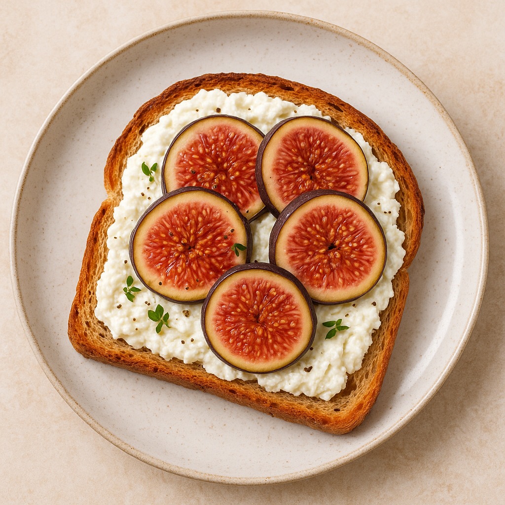 Toast with white cheese and sliced figs on a plate