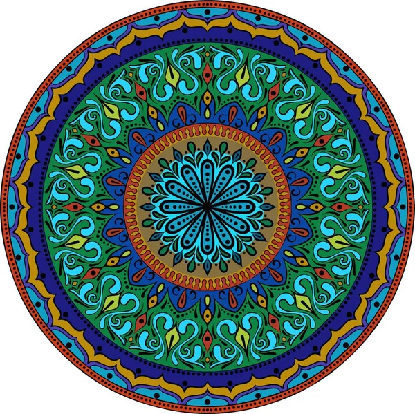 Colorful circular mandala with intricate blue, green, orange, and purple patterns on white background