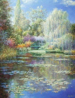 Impressionist painting of a garden pond with water lilies, green bridge, and weeping willows