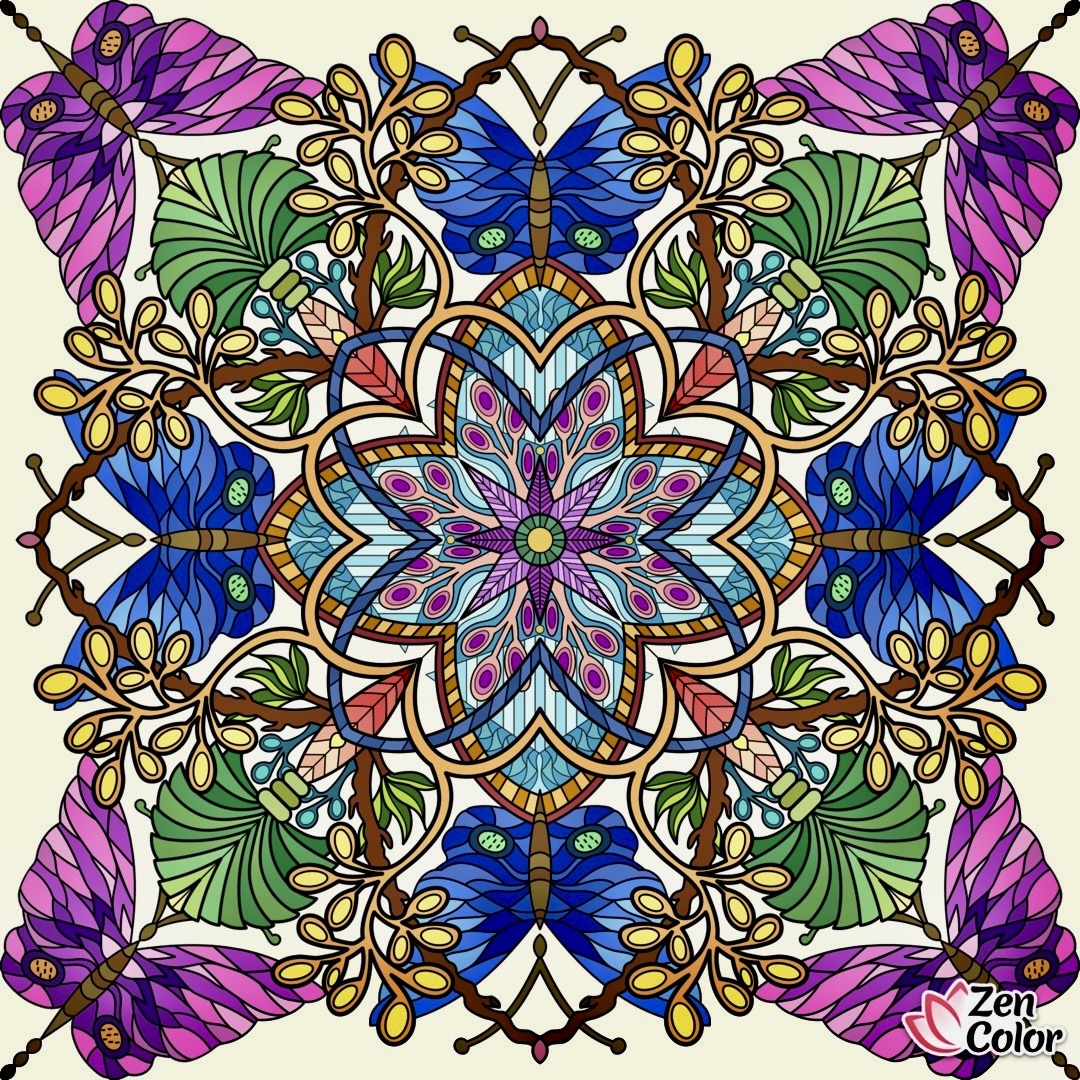 Symmetrical mandala with purple and blue butterflies, green leaves, and central floral star pattern