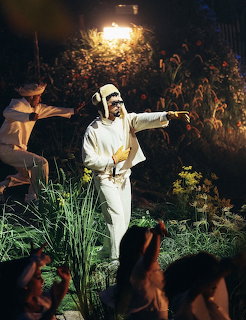 Person in white performing in a garden at night under a bright lamp