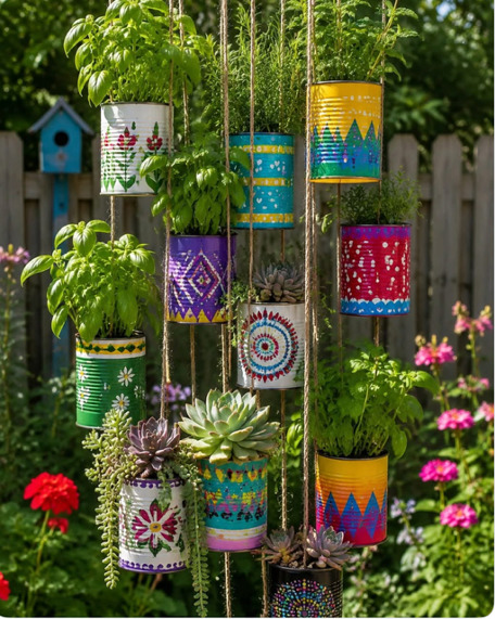 Group of colorful decorative planters with bright patterns