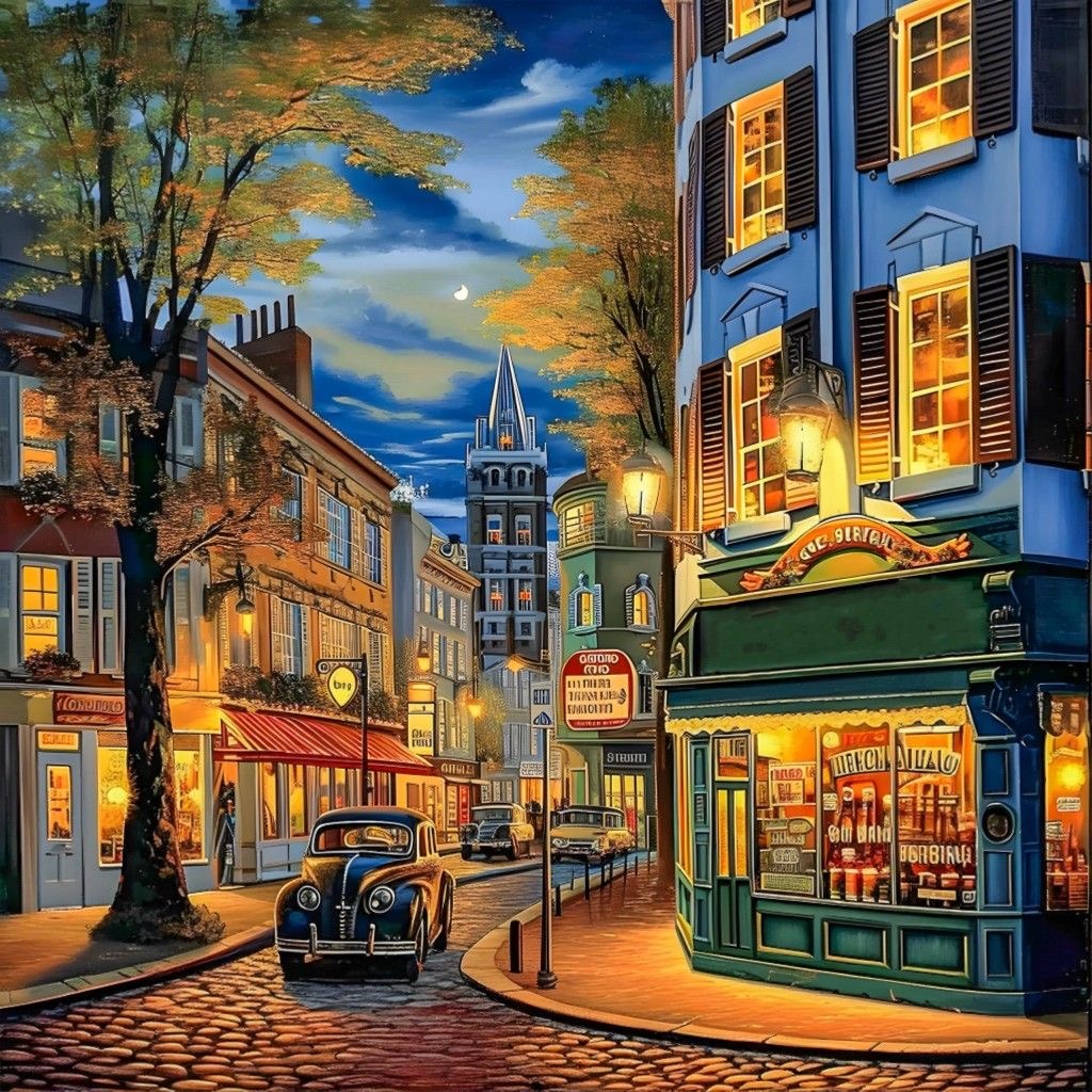 Illustrated cobblestone city street at dusk with glowing shop windows, vintage cars, and a church steeple