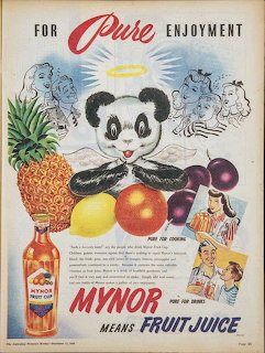 Vintage Mynor fruit juice ad with a cartoon panda, assorted fruit, and a bottle