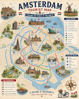 Illustrated Amsterdam tourist map with landmarks, canals, windmills, and sightseeing routes marked in red and blue