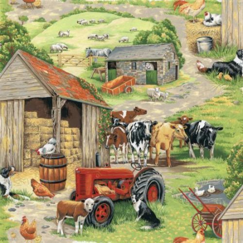 Painting of a rustic farmyard with barns, cows, sheep, chickens, dogs, and a red tractor